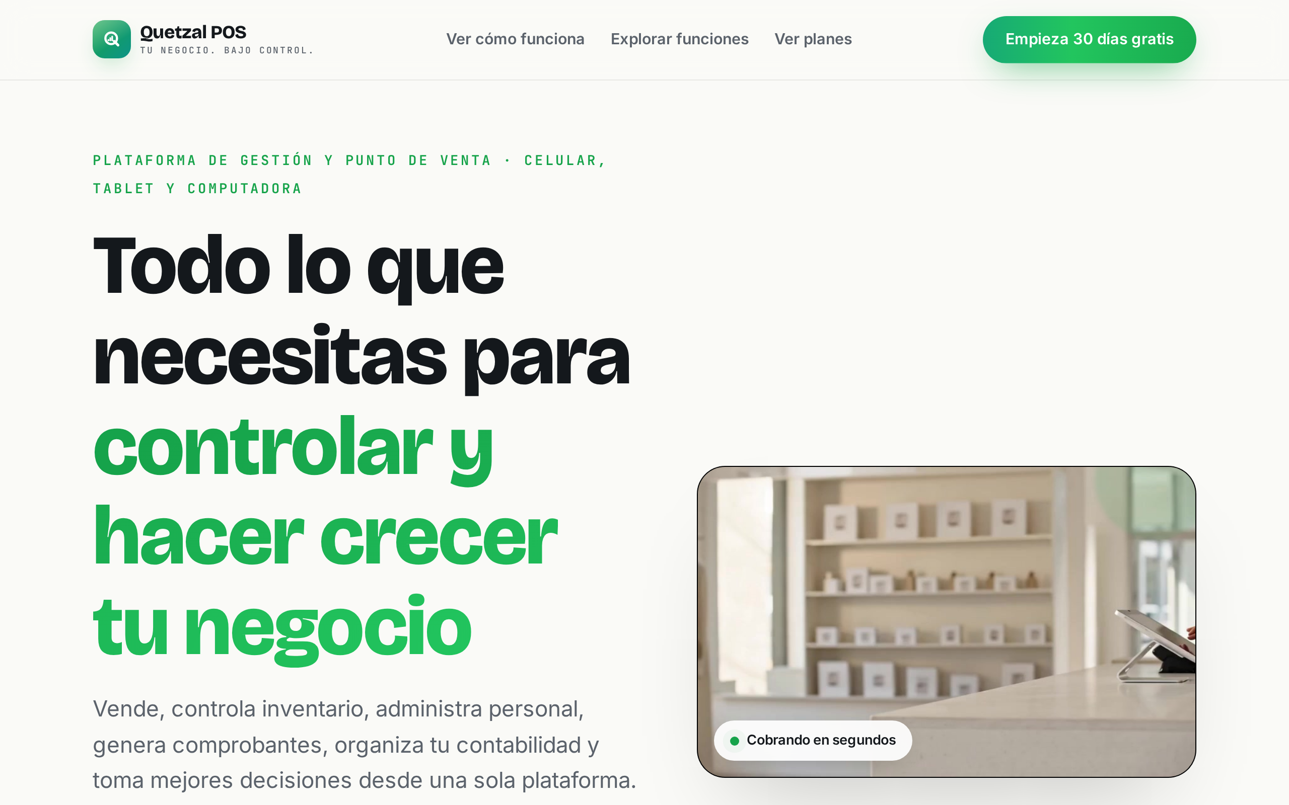 Pantalla real del panel de QUETZAL POS con ventas y reportes